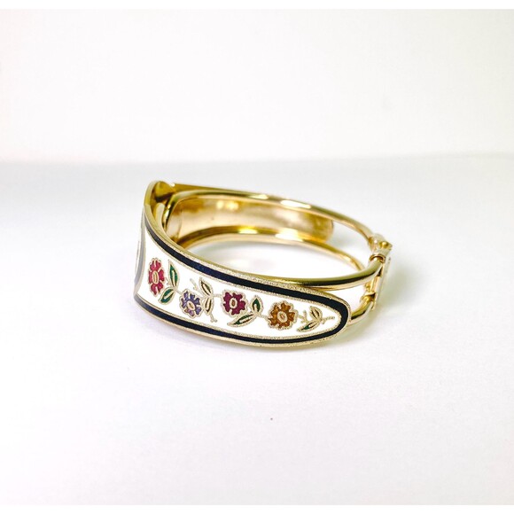 Vintage Cloisonné Enamel Guilloche Rose Butterflies Bangle Hinged Cuff Bracelet - Picture 3 of 7